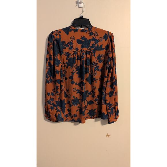 Alex & Lili Orange & Blue Floral/Leaf Print Long-Sleeve Blouse Size M - Picture 4 of 4